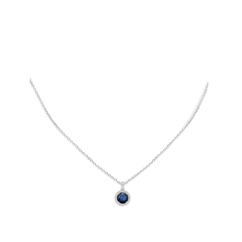 7mm AA Round Sapphire Dangle Pendant with Diamond Halo in White Gold pen