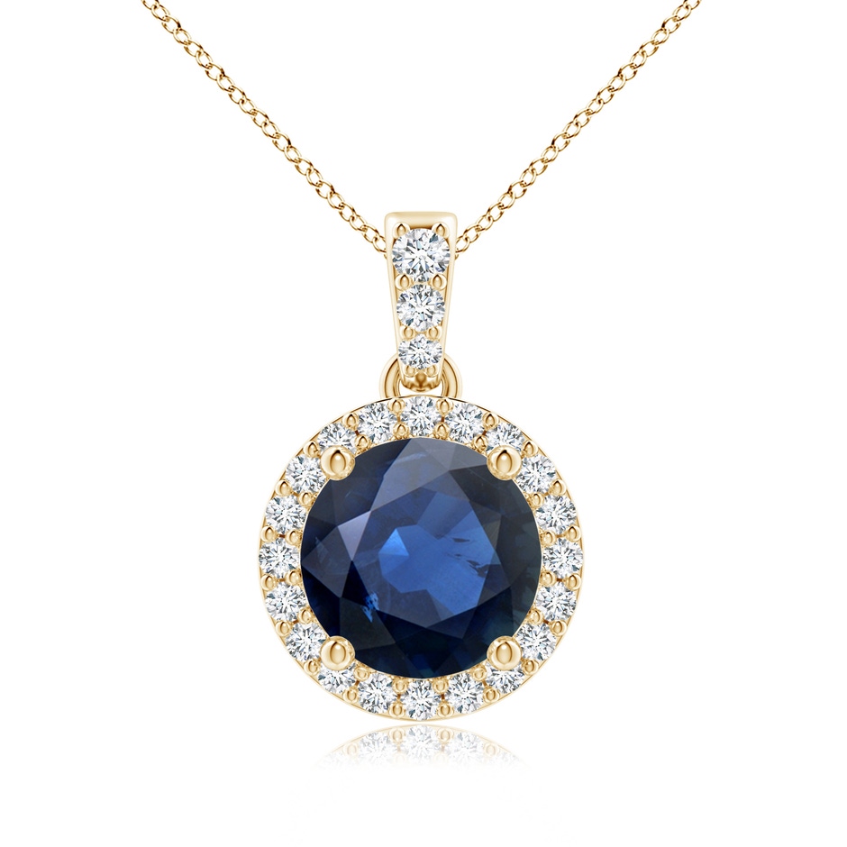 7mm AA Round Sapphire Dangle Pendant with Diamond Halo in Yellow Gold 