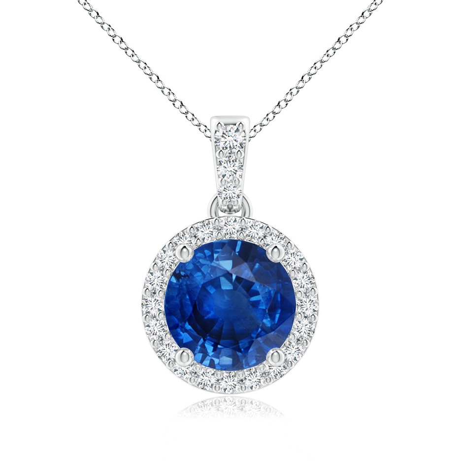 7mm AAA Round Sapphire Dangle Pendant with Diamond Halo in White Gold 