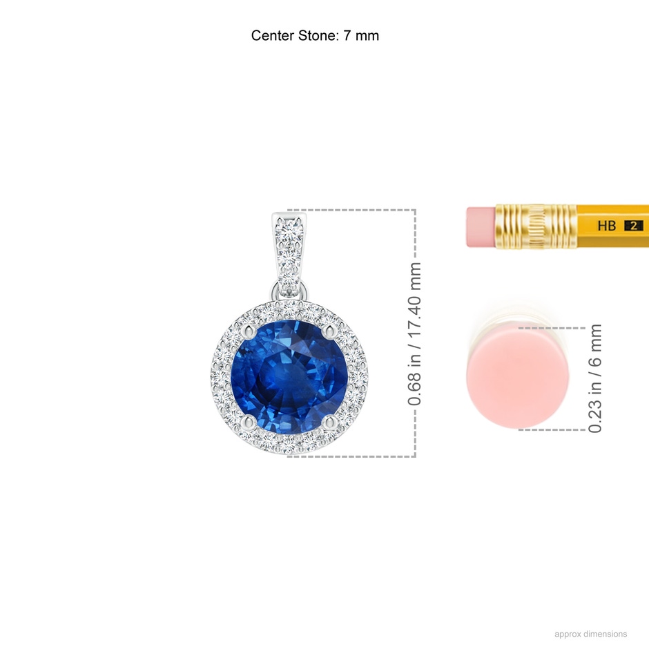 7mm AAA Round Sapphire Dangle Pendant with Diamond Halo in White Gold ruler
