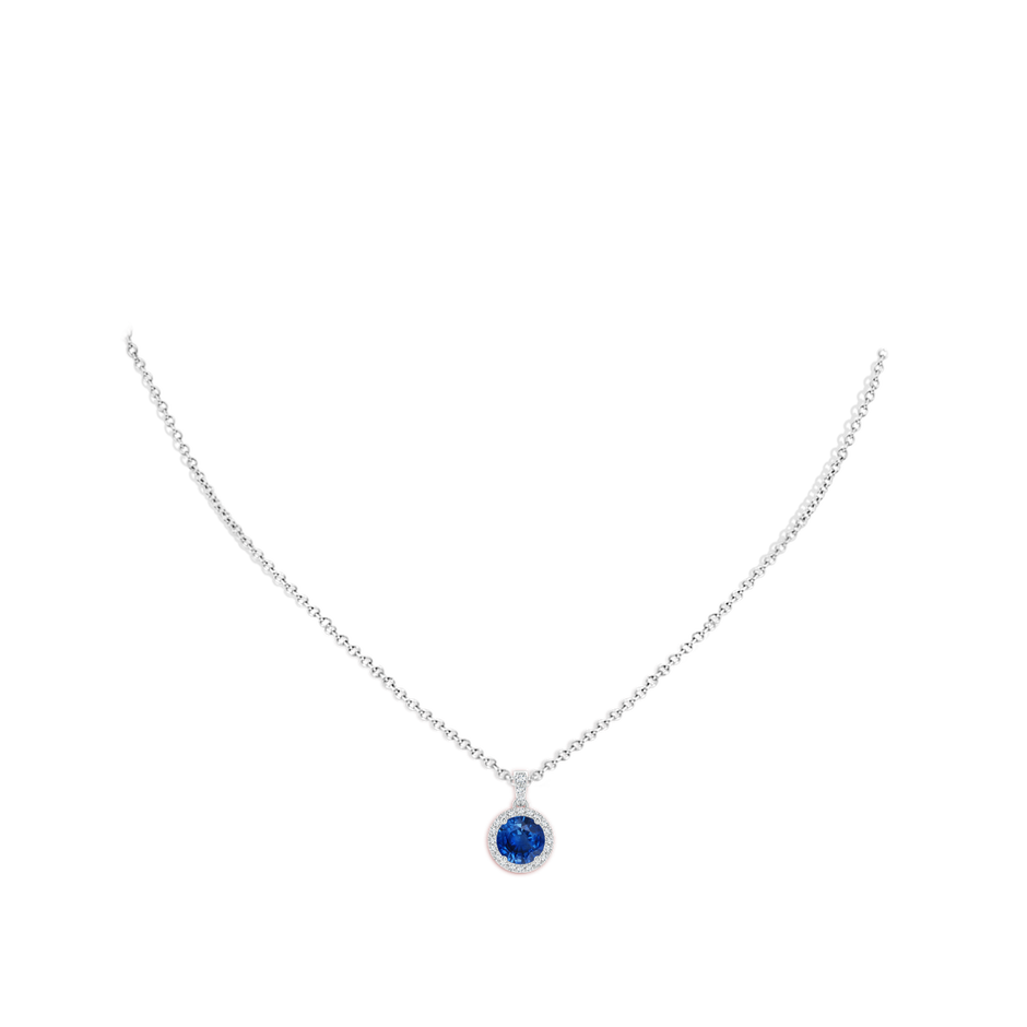 7mm AAA Round Sapphire Dangle Pendant with Diamond Halo in White Gold pen