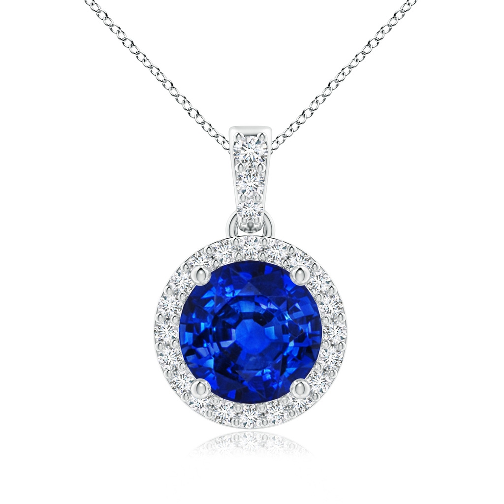 7mm AAAA Round Sapphire Dangle Pendant with Diamond Halo in P950 Platinum