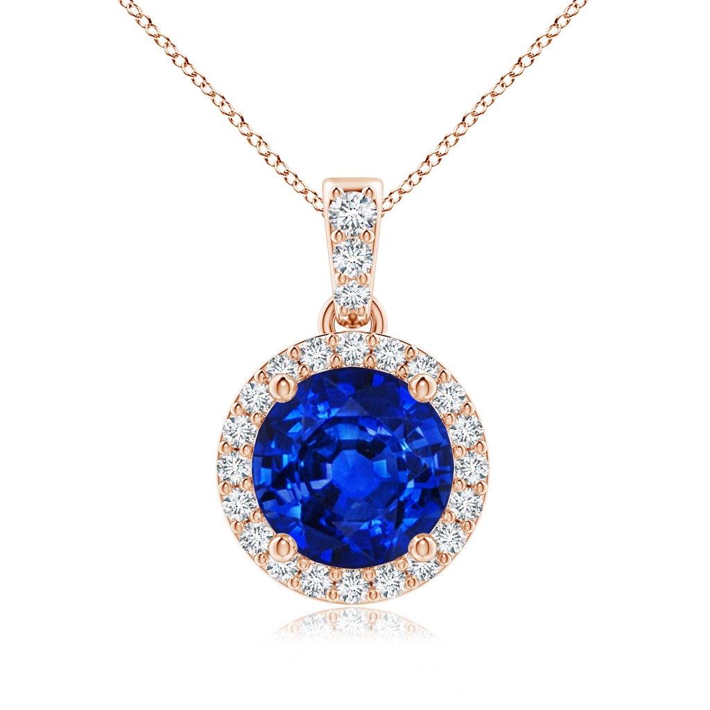 7mm Lab-Grown Round Sapphire Dangle Pendant with Diamond Halo in Rose Gold
