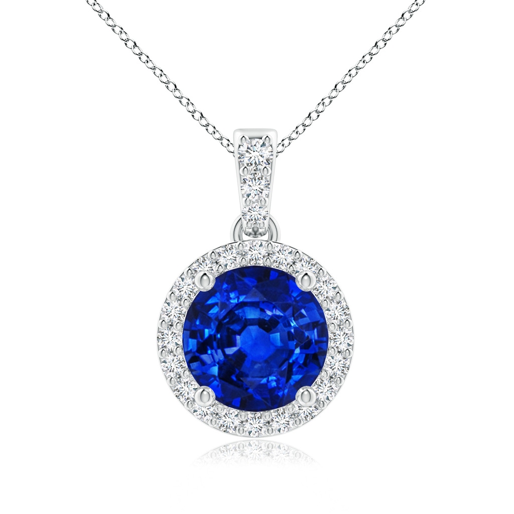 7mm Lab-Grown Round Sapphire Dangle Pendant with Diamond Halo in White Gold