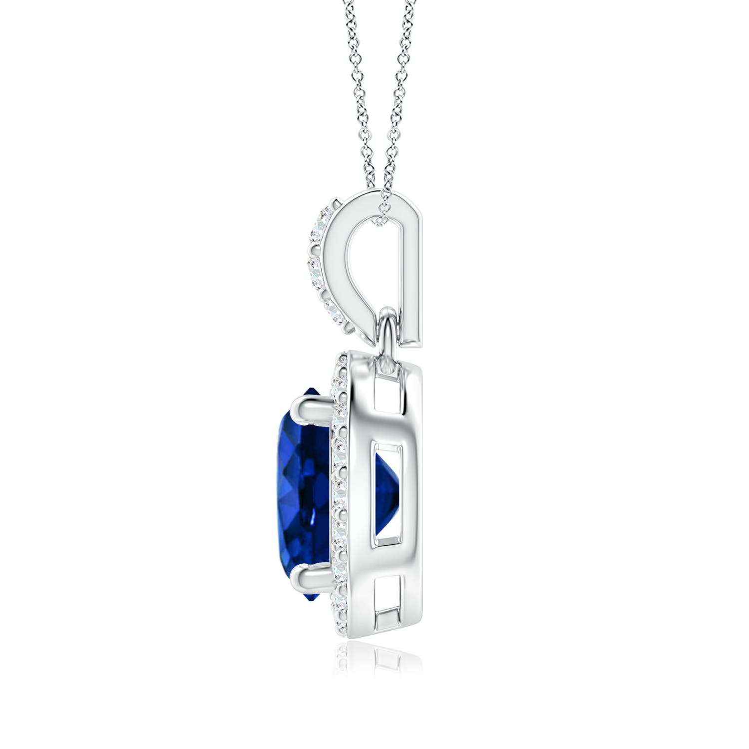 7mm AAAA Round Sapphire Dangle Pendant with Diamond Halo in White Gold - side 3