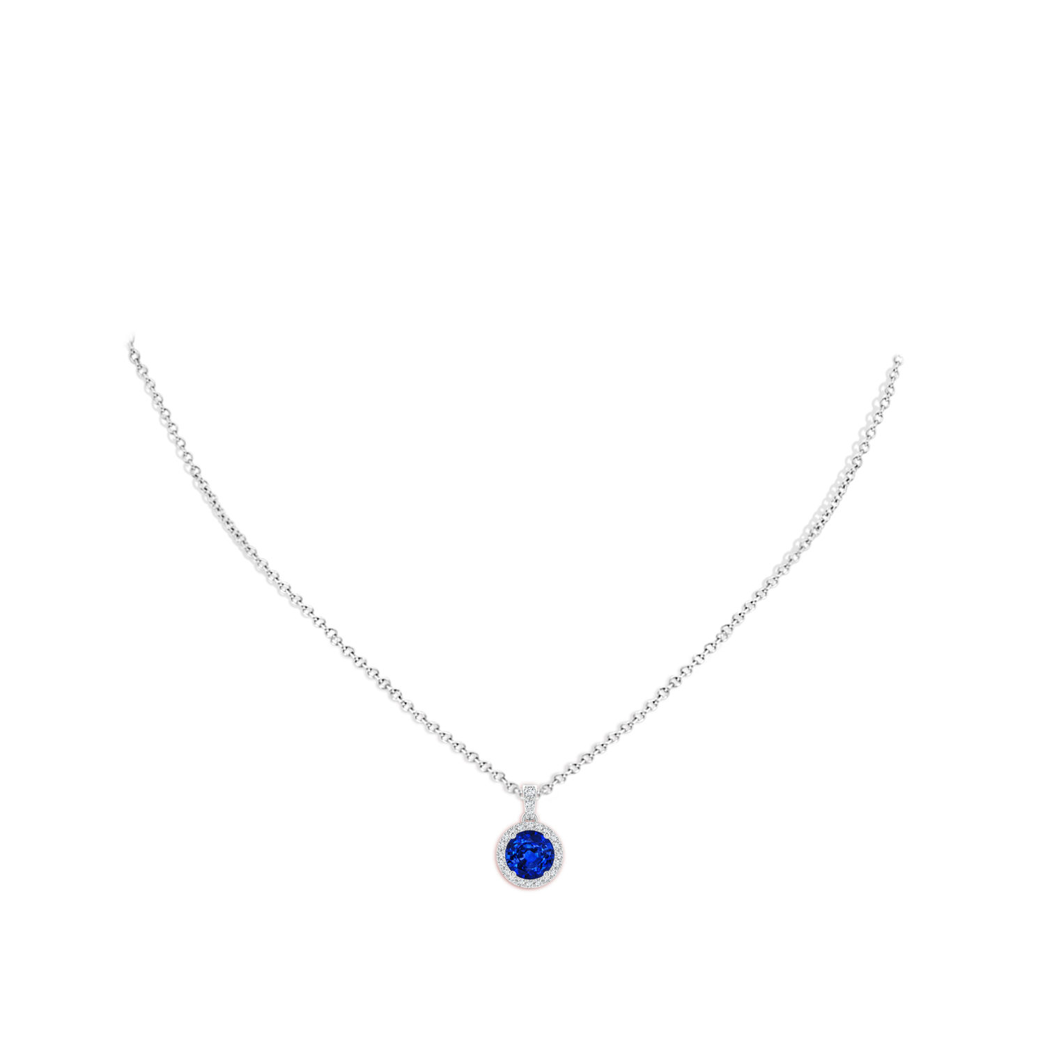 7mm AAAA Round Sapphire Dangle Pendant with Diamond Halo in White Gold - body_neck