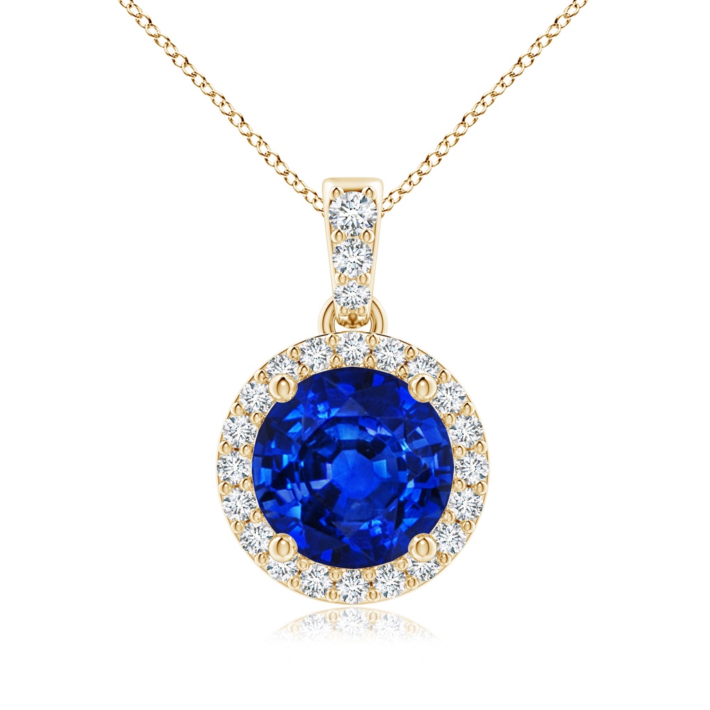 7mm Lab-Grown Round Sapphire Dangle Pendant with Diamond Halo in Yellow Gold