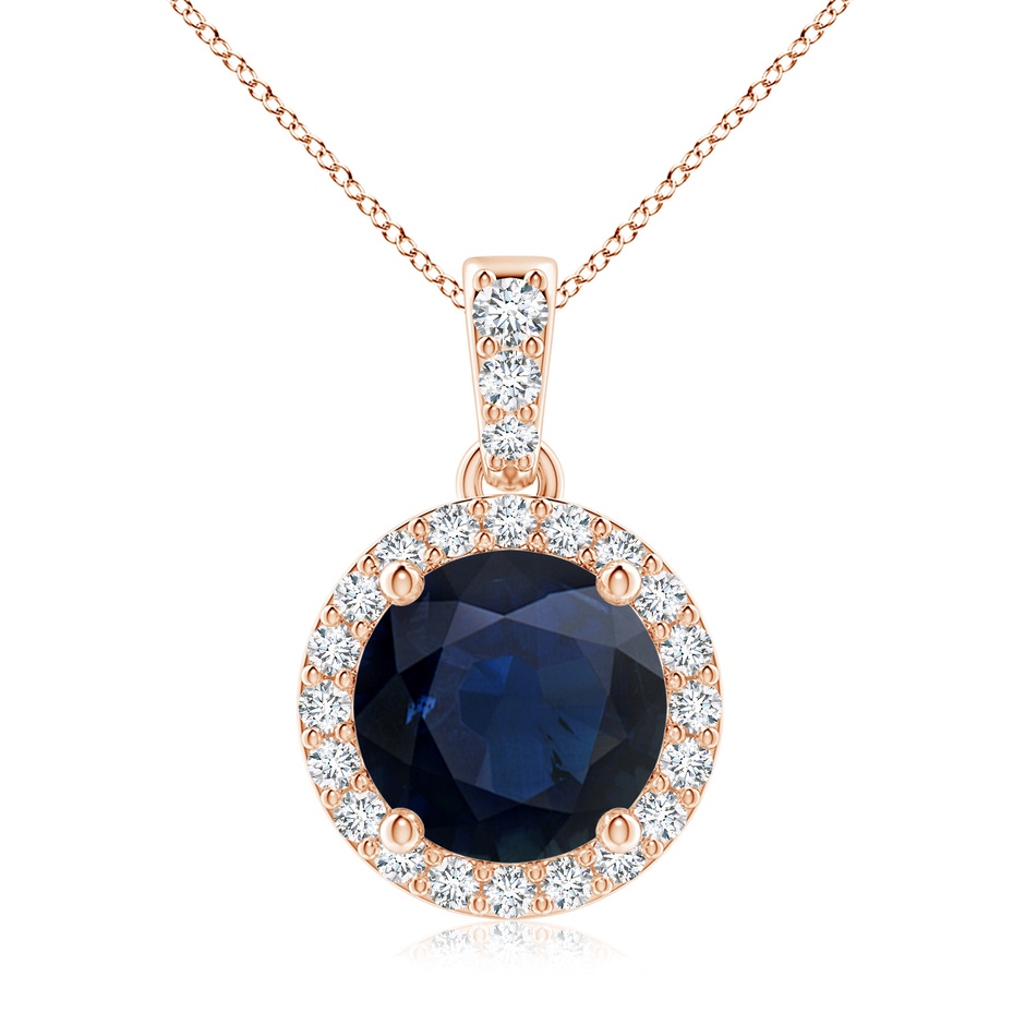 8mm A Round Sapphire Dangle Pendant with Diamond Halo in Rose Gold 