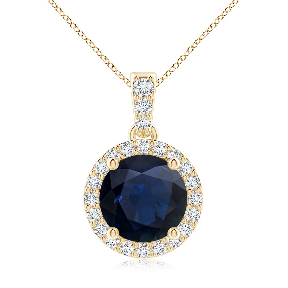 8mm A Round Sapphire Dangle Pendant with Diamond Halo in Yellow Gold 