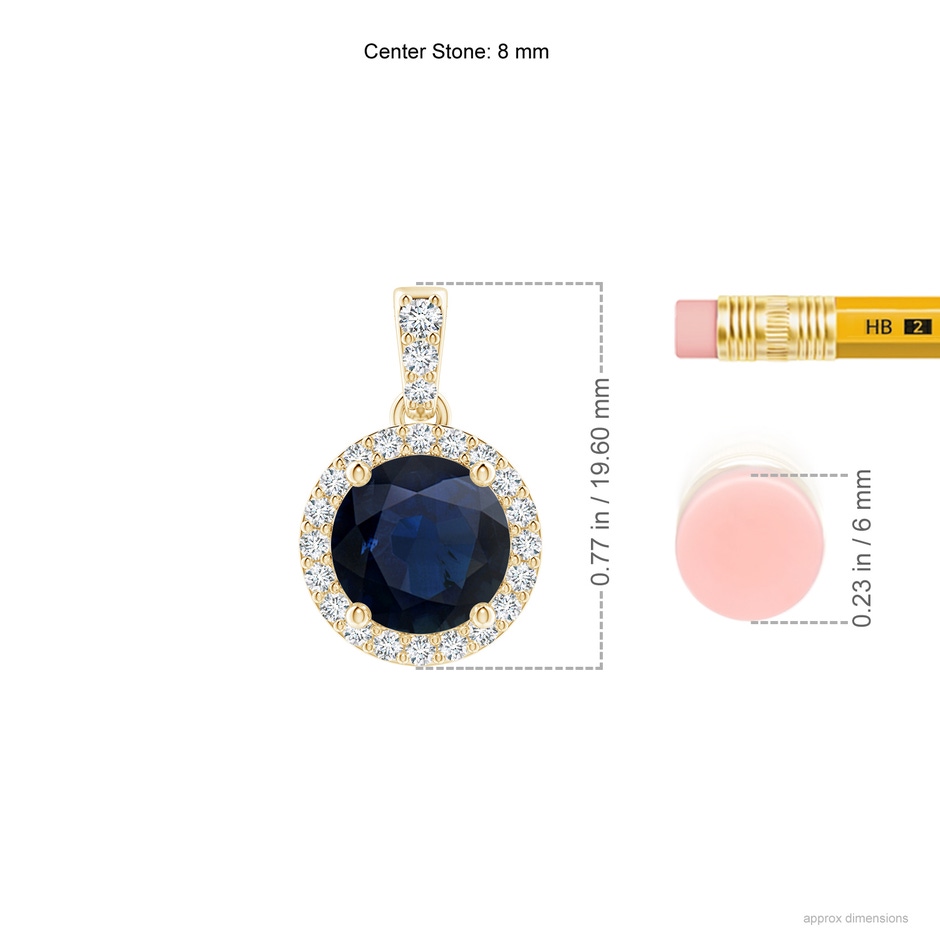 8mm A Round Sapphire Dangle Pendant with Diamond Halo in Yellow Gold ruler