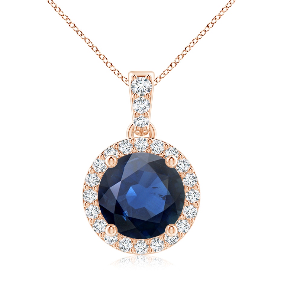 8mm AA Round Sapphire Dangle Pendant with Diamond Halo in Rose Gold 