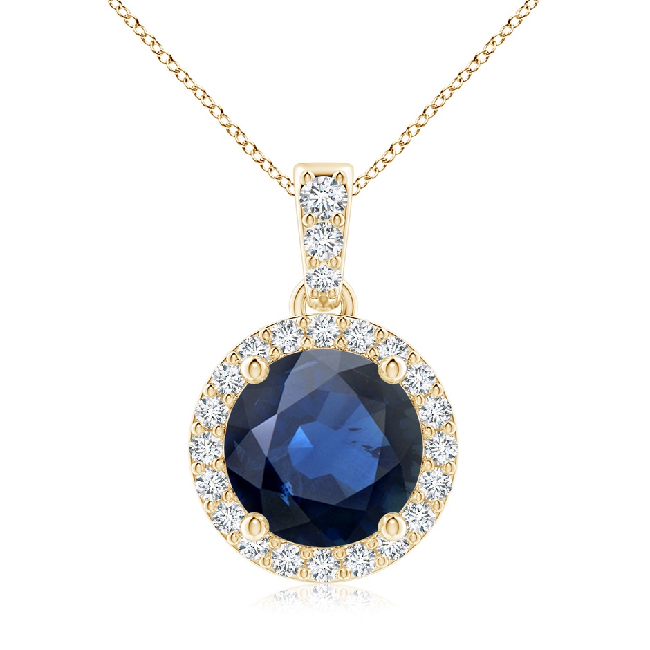 8mm AA Round Sapphire Dangle Pendant with Diamond Halo in Yellow Gold 