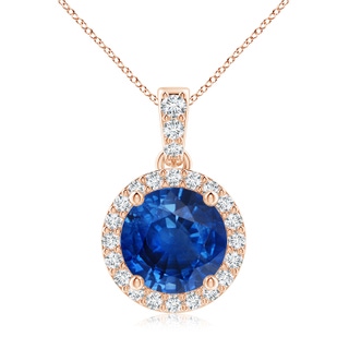 8mm AAA Round Sapphire Dangle Pendant with Diamond Halo in Rose Gold