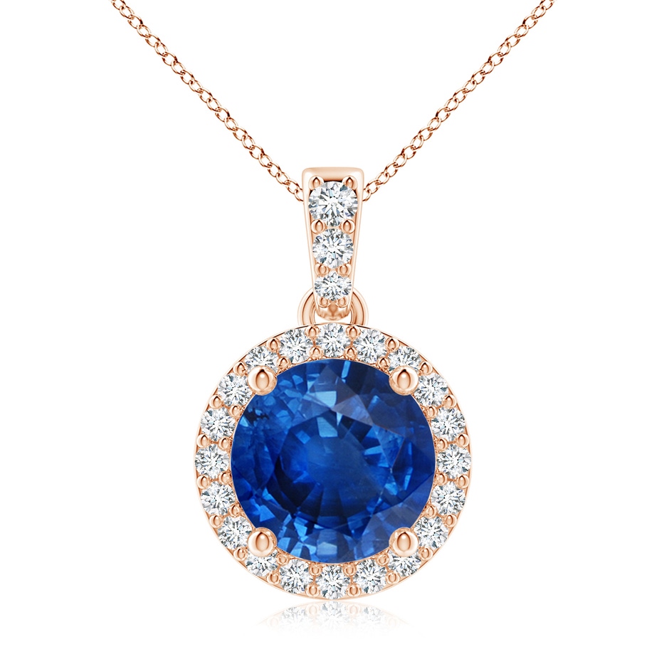 8mm AAA Round Sapphire Dangle Pendant with Diamond Halo in Rose Gold 