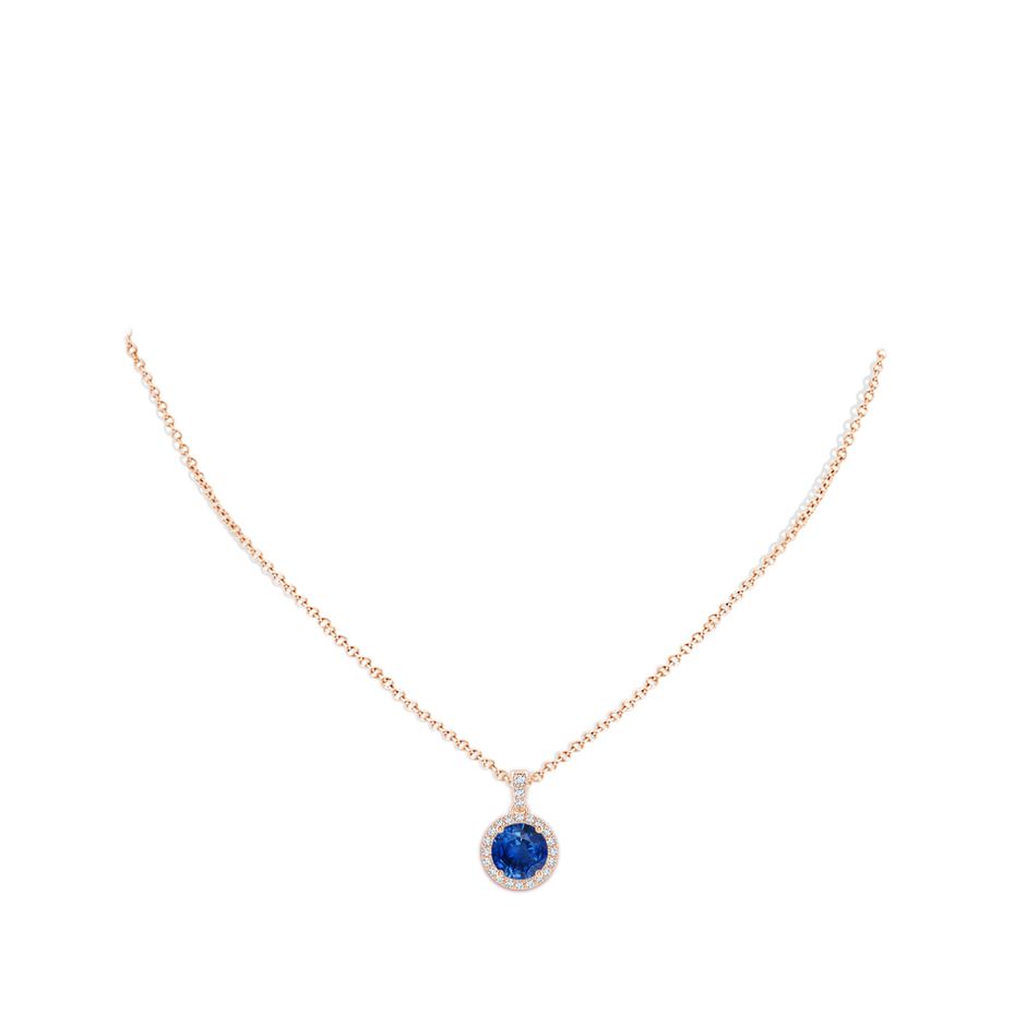 8mm AAA Round Sapphire Dangle Pendant with Diamond Halo in Rose Gold pen