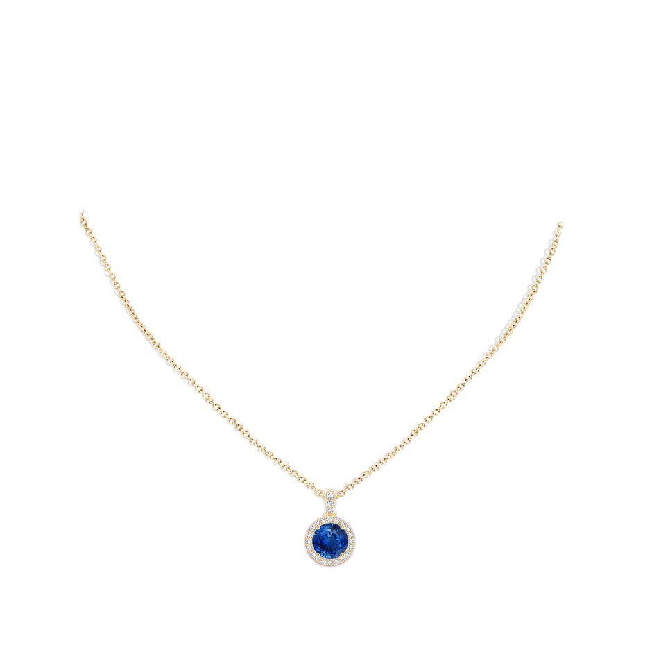 8mm AAA Round Sapphire Dangle Pendant with Diamond Halo in Yellow Gold pen