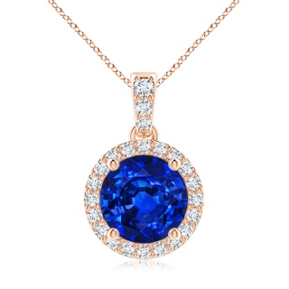 8mm AAAA Round Sapphire Dangle Pendant with Diamond Halo in Rose Gold