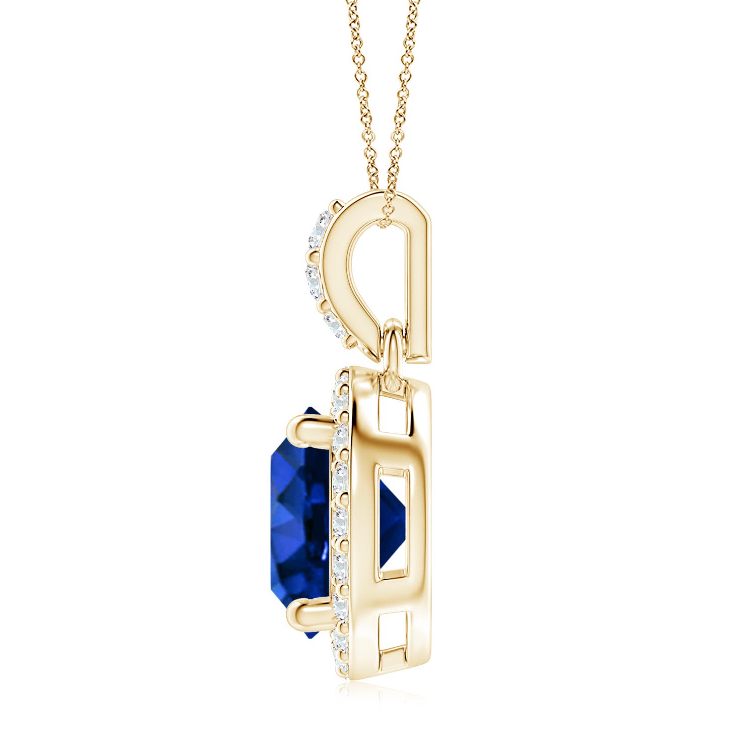 8mm AAAA Round Sapphire Dangle Pendant with Diamond Halo in Yellow Gold