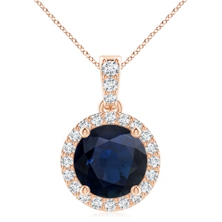 9mm A Round Sapphire Dangle Pendant with Diamond Halo in 9K Rose Gold