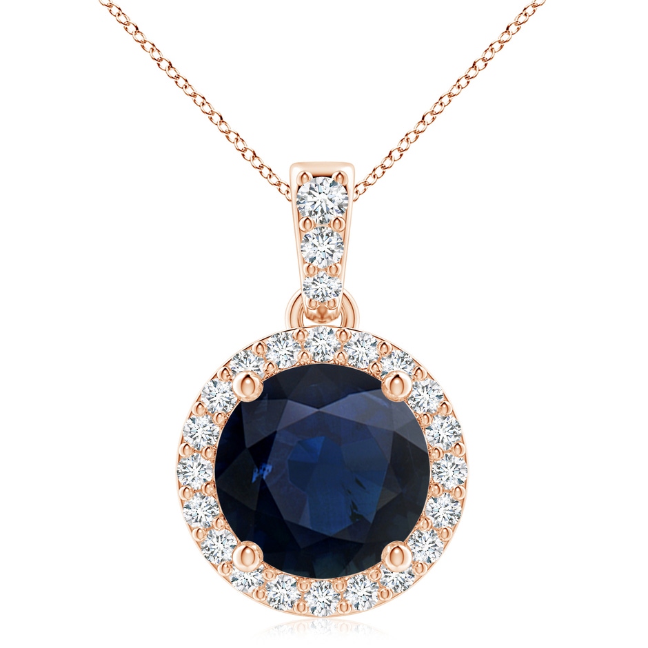 9mm A Round Sapphire Dangle Pendant with Diamond Halo in Rose Gold 