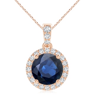 9mm AA Round Sapphire Dangle Pendant with Diamond Halo in 9K Rose Gold