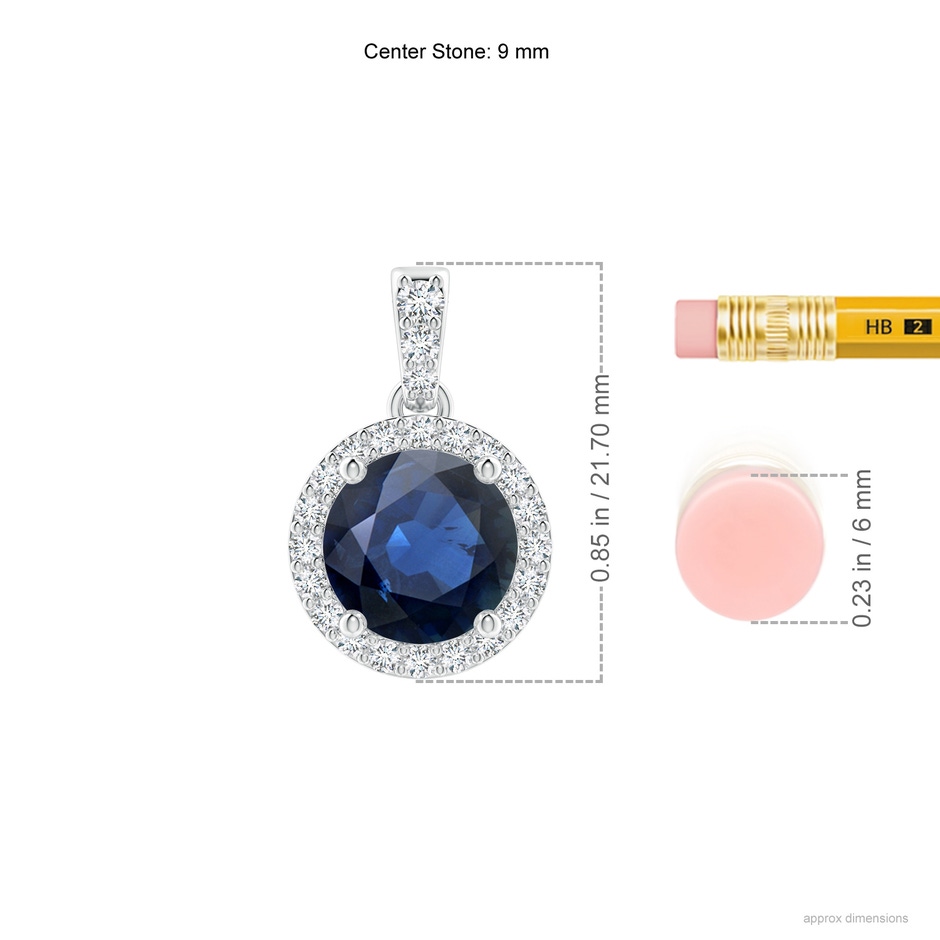 9mm AA Round Sapphire Dangle Pendant with Diamond Halo in P950 Platinum ruler