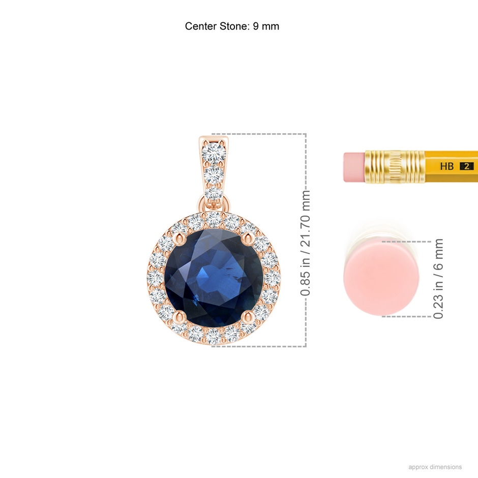 9mm AA Round Sapphire Dangle Pendant with Diamond Halo in Rose Gold ruler