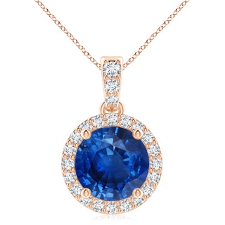 9mm AAA Round Sapphire Dangle Pendant with Diamond Halo in 9K Rose Gold