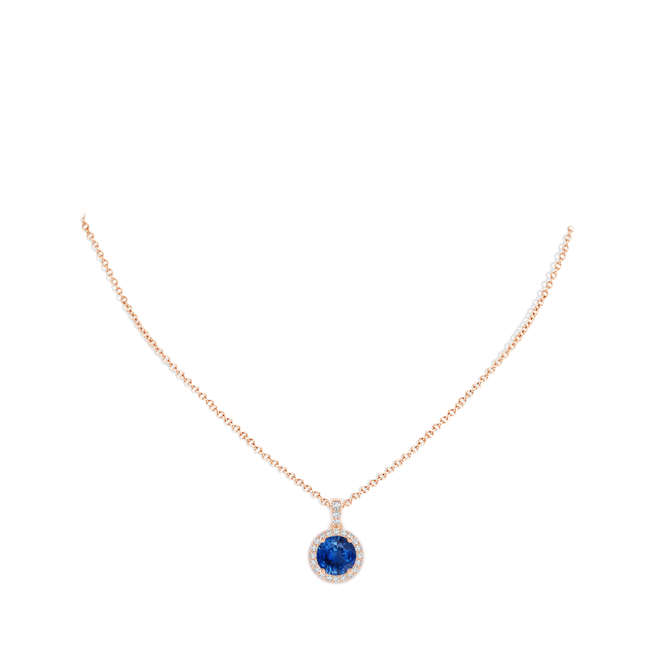9mm AAA Round Sapphire Dangle Pendant with Diamond Halo in Rose Gold pen
