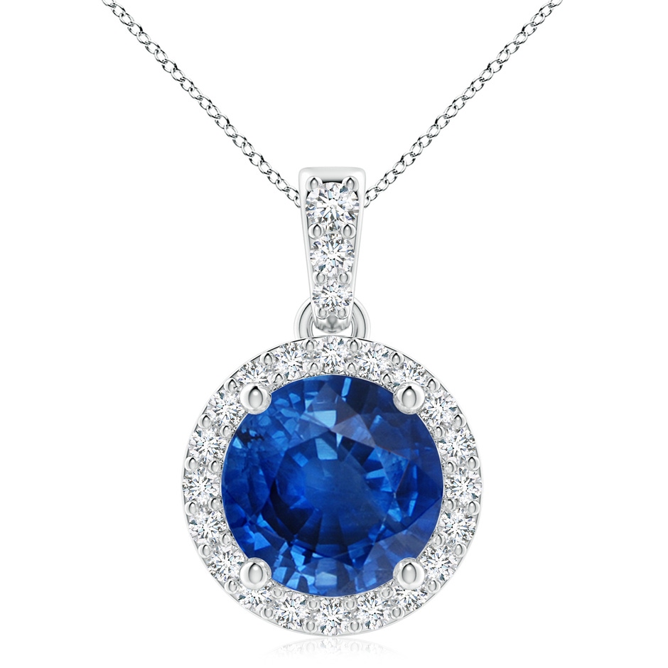 9mm AAA Round Sapphire Dangle Pendant with Diamond Halo in White Gold 