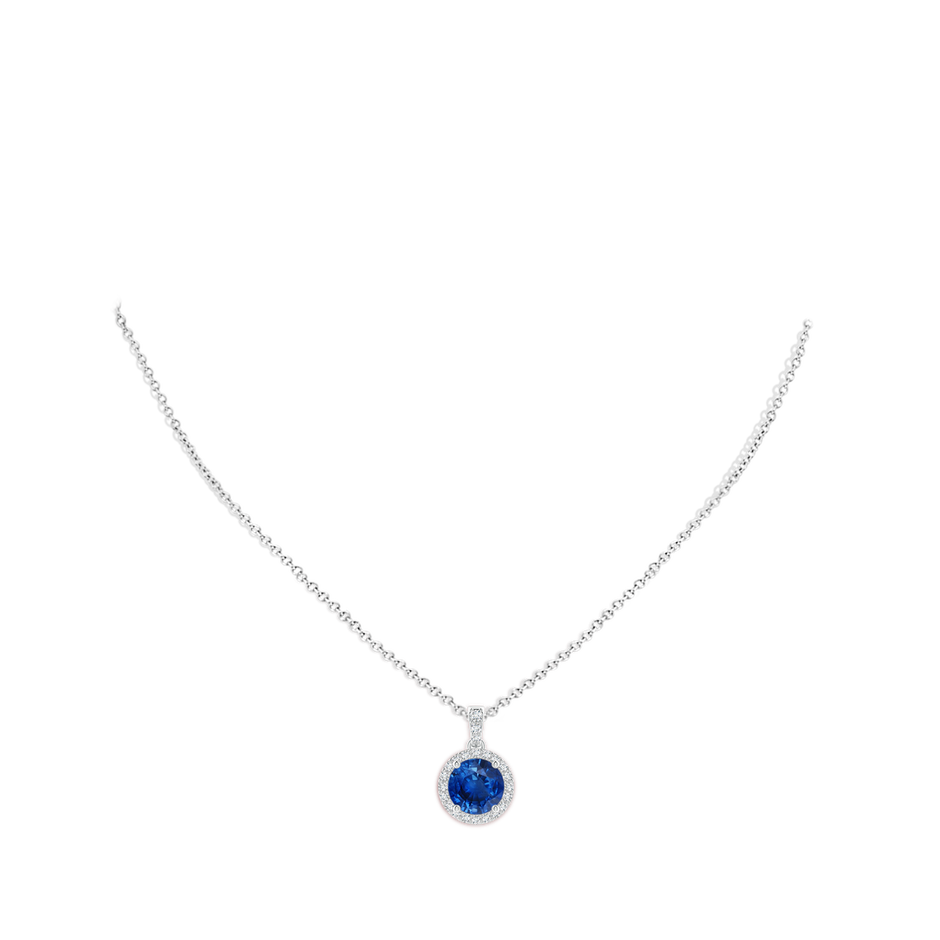9mm AAA Round Sapphire Dangle Pendant with Diamond Halo in White Gold pen