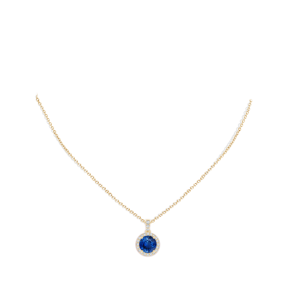 9mm AAA Round Sapphire Dangle Pendant with Diamond Halo in Yellow Gold pen