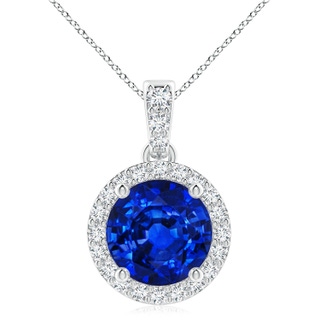 9mm Lab-Grown Round Sapphire Dangle Pendant with Diamond Halo in P950 Platinum