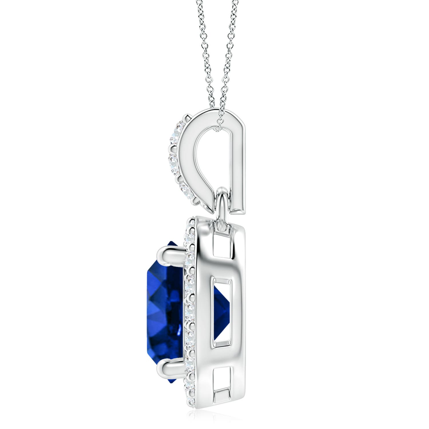 9mm AAAA Round Sapphire Dangle Pendant with Diamond Halo in P950 Platinum