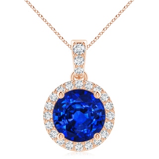 9mm AAAA Round Sapphire Dangle Pendant with Diamond Halo in Rose Gold
