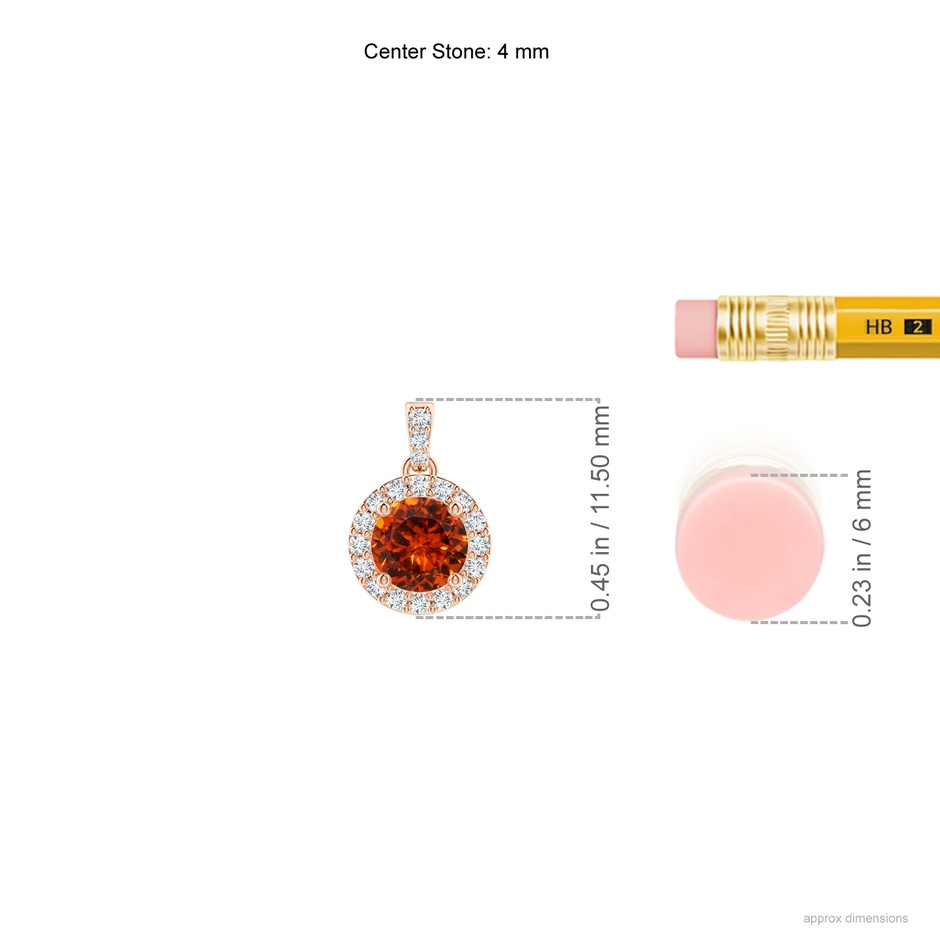 4mm AAAA Round Spessartite Dangle Pendant with Diamond Halo in Rose Gold ruler