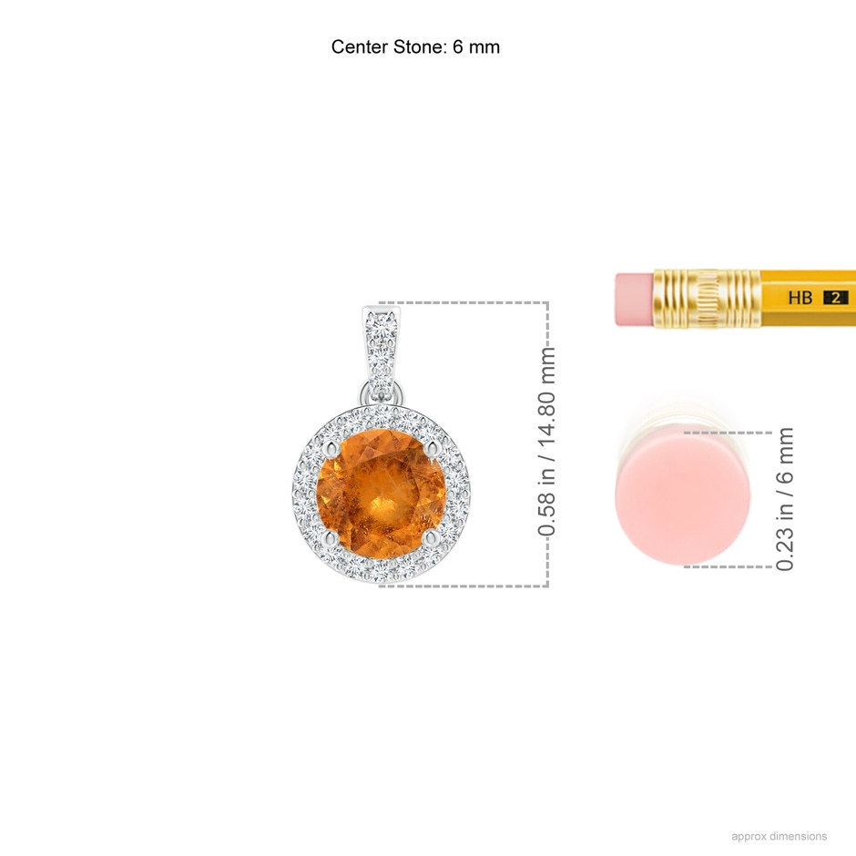 6mm A Round Spessartite Dangle Pendant with Diamond Halo in P950 Platinum ruler