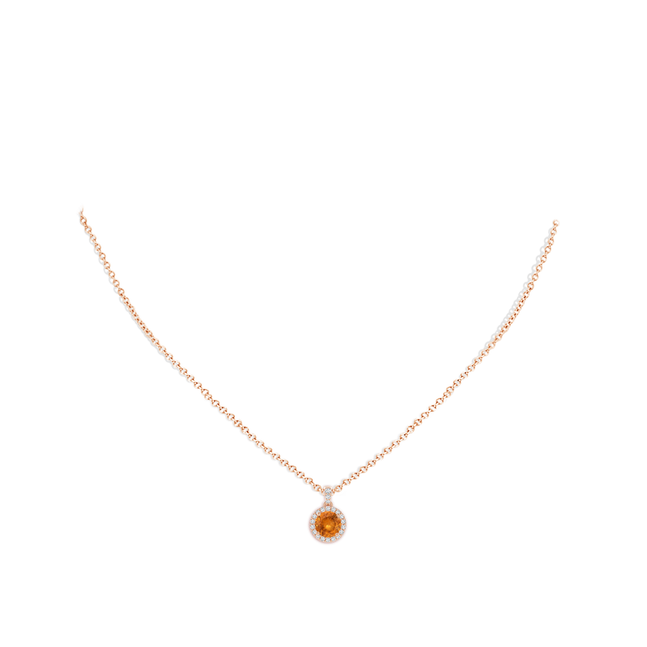 6mm A Round Spessartite Dangle Pendant with Diamond Halo in Rose Gold body-neck