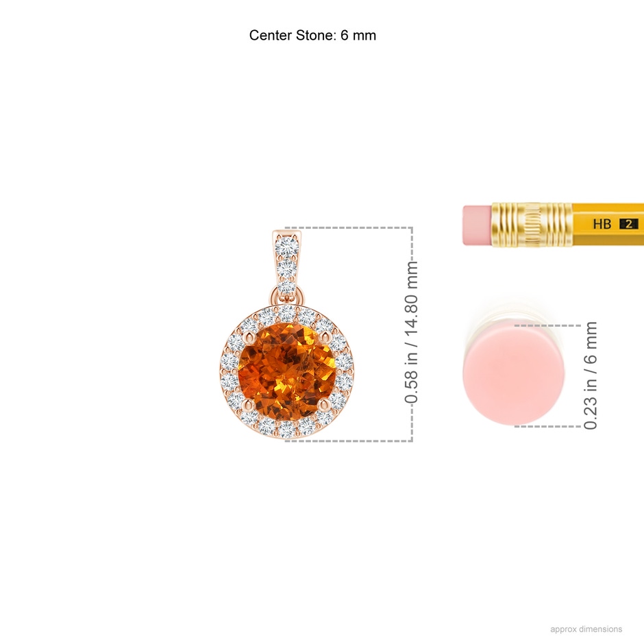 6mm AAA Round Spessartite Dangle Pendant with Diamond Halo in Rose Gold ruler