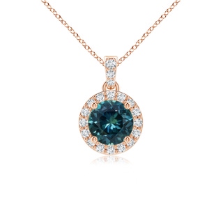 5mm AAA Round Teal Montana Sapphire Dangle Pendant with Diamond Halo in 10K Rose Gold