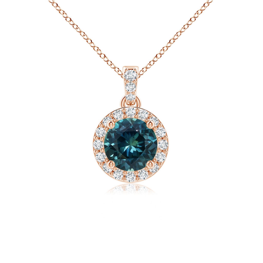 5mm AAA Round Teal Montana Sapphire Dangle Pendant with Diamond Halo in Rose Gold
