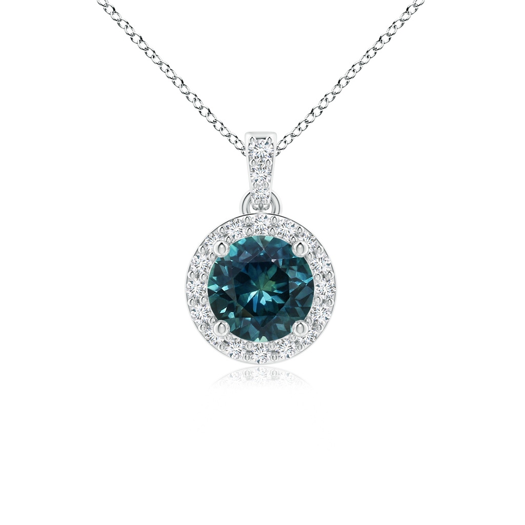 5mm AAA Round Teal Montana Sapphire Dangle Pendant with Diamond Halo in White Gold