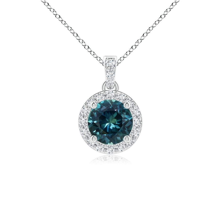 5mm AAA Round Teal Montana Sapphire Dangle Pendant with Diamond Halo in White Gold 