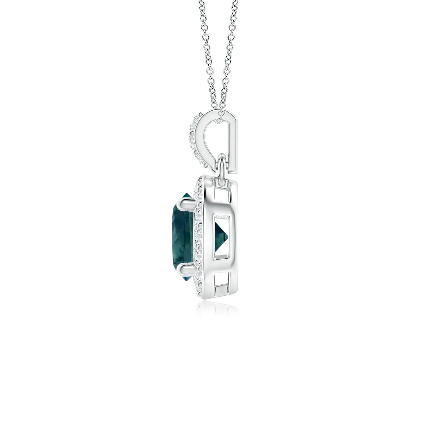 5mm AAA Round Teal Montana Sapphire Dangle Pendant with Diamond Halo in White Gold - side 2