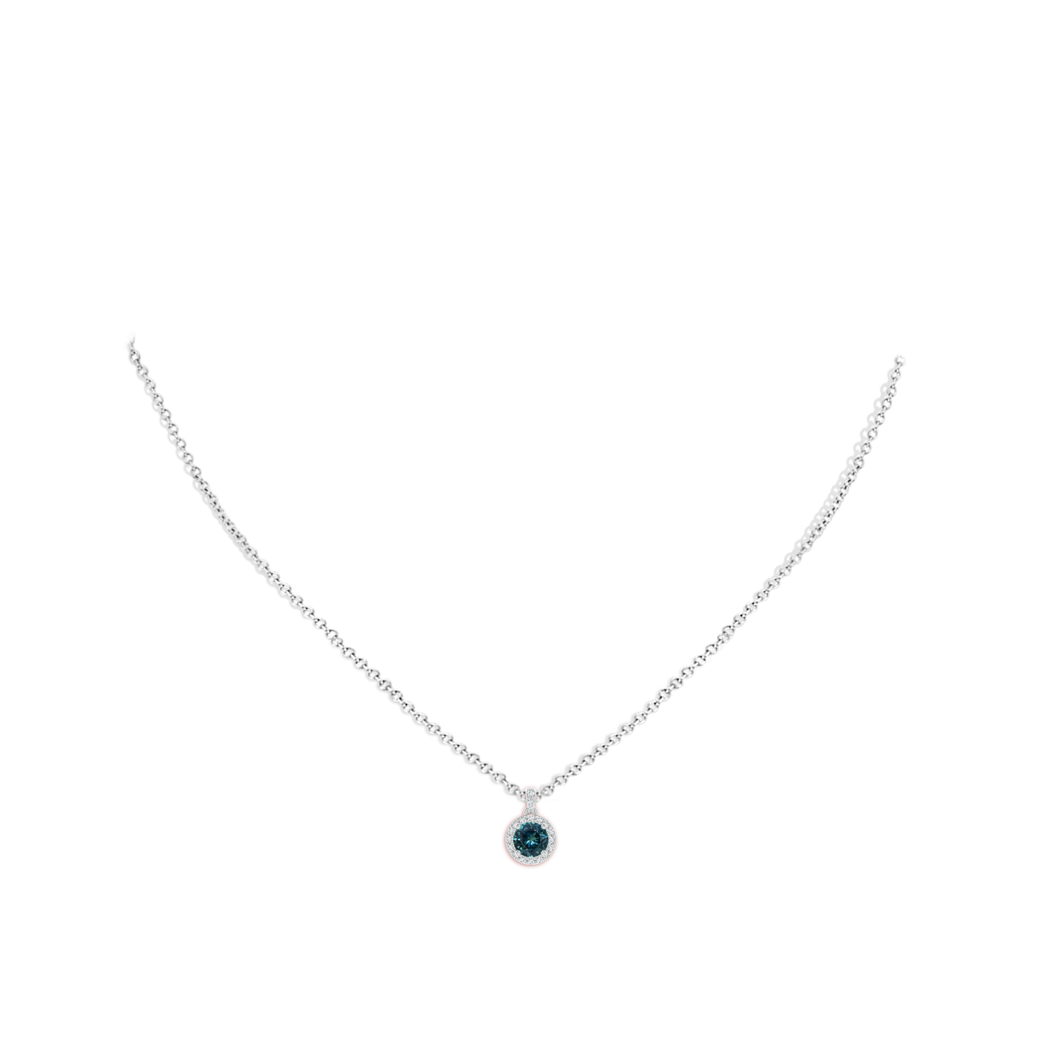 5mm AAA Round Teal Montana Sapphire Dangle Pendant with Diamond Halo in White Gold - body_neck