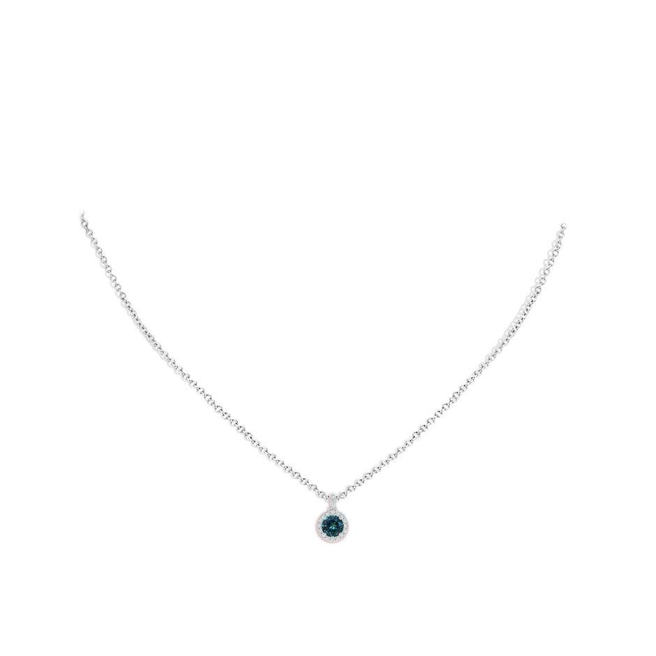 5mm AAA Round Teal Montana Sapphire Dangle Pendant with Diamond Halo in White Gold body-neck