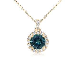 5mm AAA Round Teal Montana Sapphire Dangle Pendant with Diamond Halo in Yellow Gold