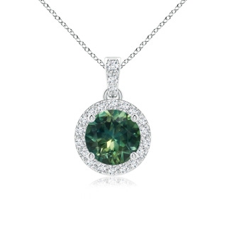 6mm AA Round Teal Montana Sapphire Dangle Pendant with Diamond Halo in P950 Platinum