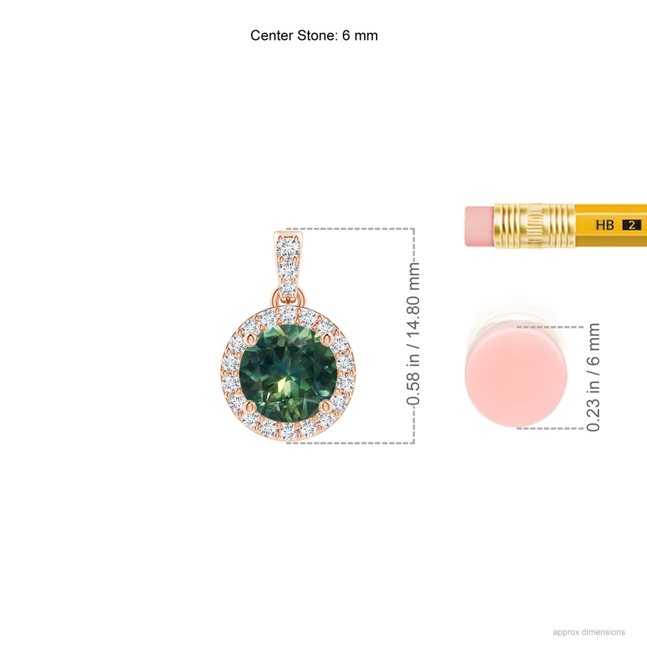 6mm AA Round Teal Montana Sapphire Dangle Pendant with Diamond Halo in Rose Gold ruler