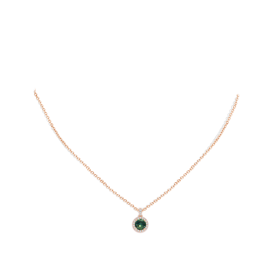 6mm AA Round Teal Montana Sapphire Dangle Pendant with Diamond Halo in Rose Gold body-neck